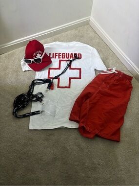 White & Red Lifeguard-Inspired Swim Coverup Tee